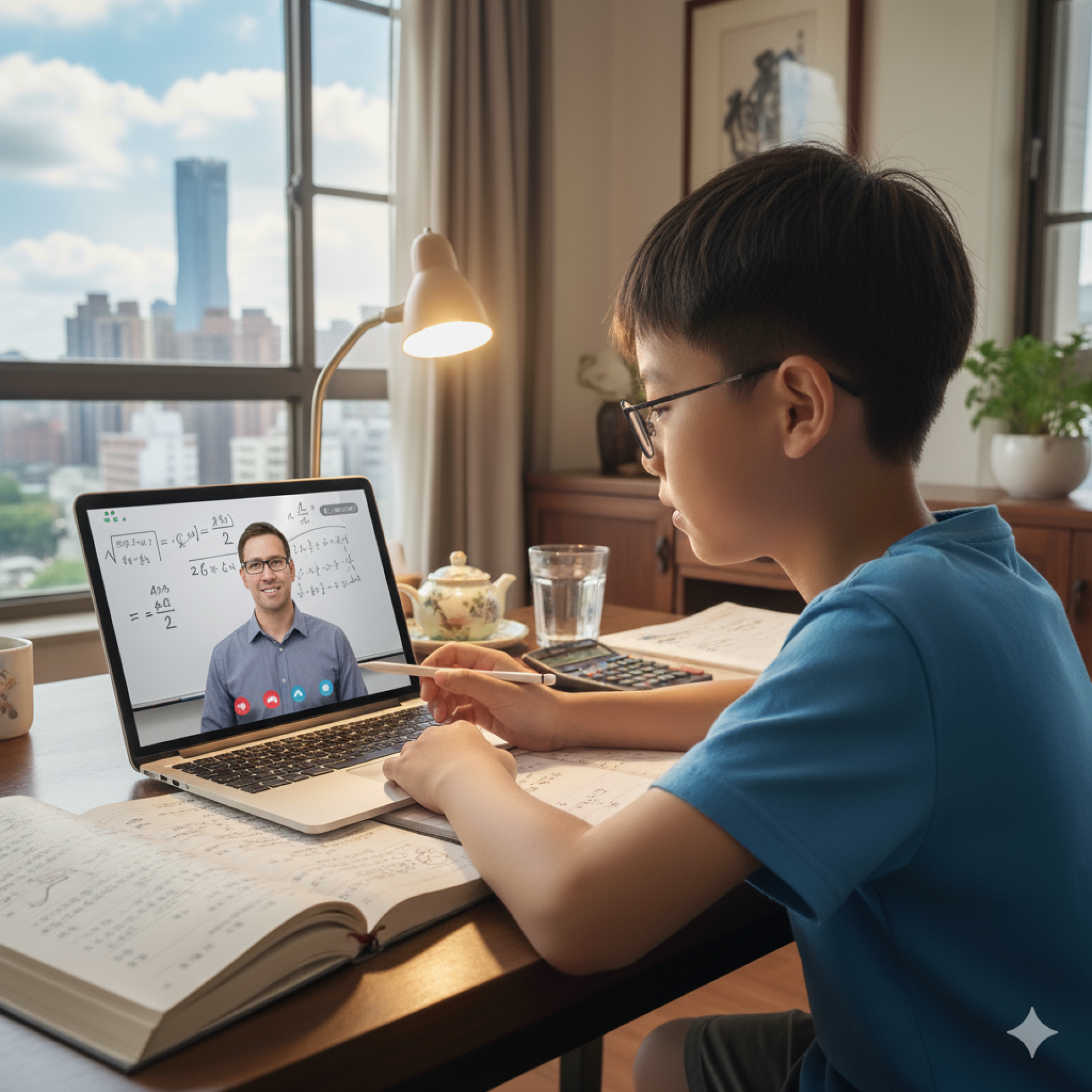 Adolescent girl studying online with a laptop and book, illustrating virtual education.